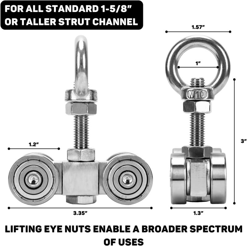 TPHUC Store 4 Wheels Trolley Assembly Rollers, 4 Bearings Trolley Assembly for 1-5/8" Wide and All 1-5/8" or Taller Unistrut Strut Channel with M10 Bolt and Lifting Eye Nuts (Pack of 2) - Image 3